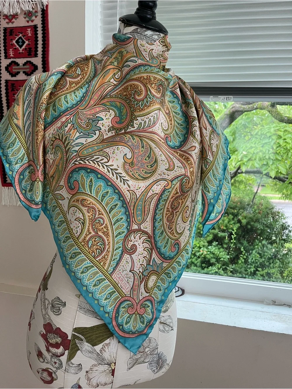 Silk Paisley Scarf in Teal and Peach - Unbranded